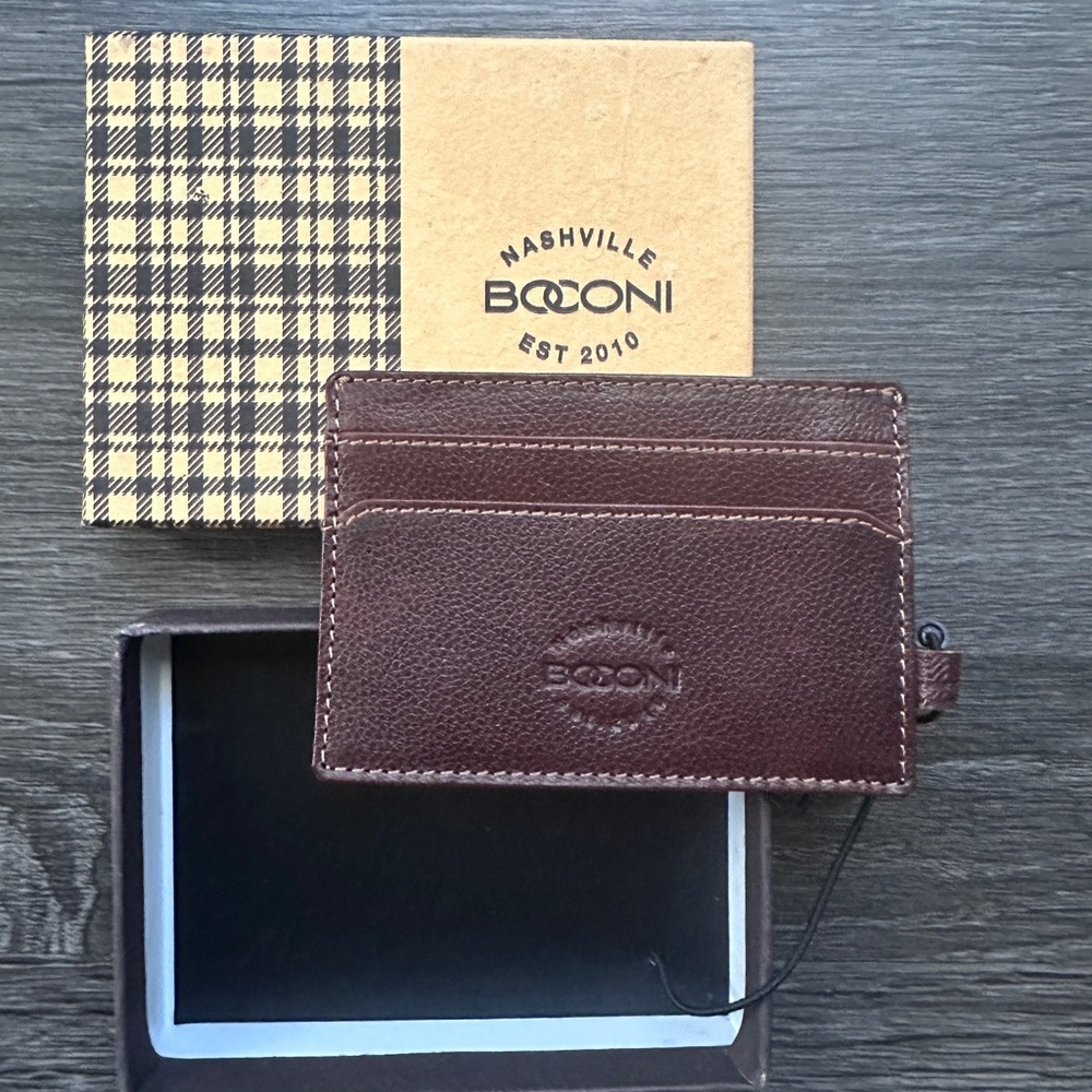 NEW Boconi Leather RFID Card Holder - Dark Brown